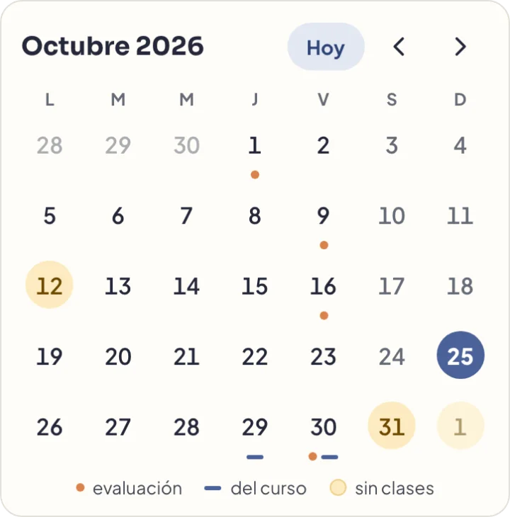 Agenda de Widuf, octubre: puntos en los días con evaluación, rayas en los eventos del curso y días sin clases.